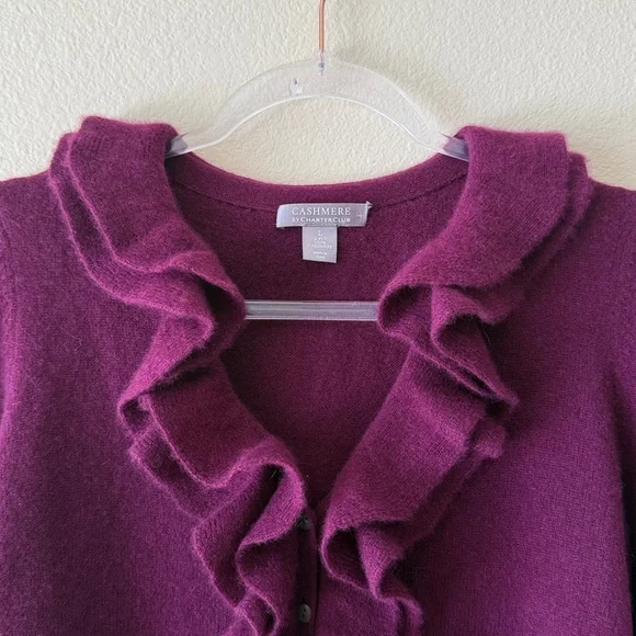 Charter Club 100% Cashmere Ruffle Front Button Cardigan Sweater Large Purple - Picture 2 of 9